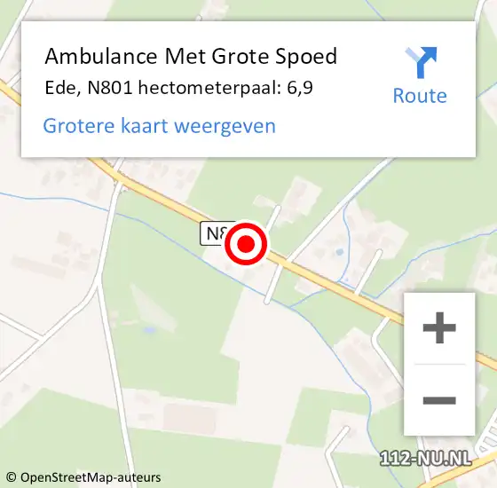 Locatie op kaart van de 112 melding: Ambulance Met Grote Spoed Naar Ede, N801 hectometerpaal: 6,9 op 22 januari 2023 13:07