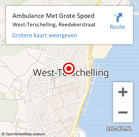 Locatie op kaart van de 112 melding: Ambulance Met Grote Spoed Naar Terschelling West, Burg Reedekerstraat op 13 augustus 2014 06:39
