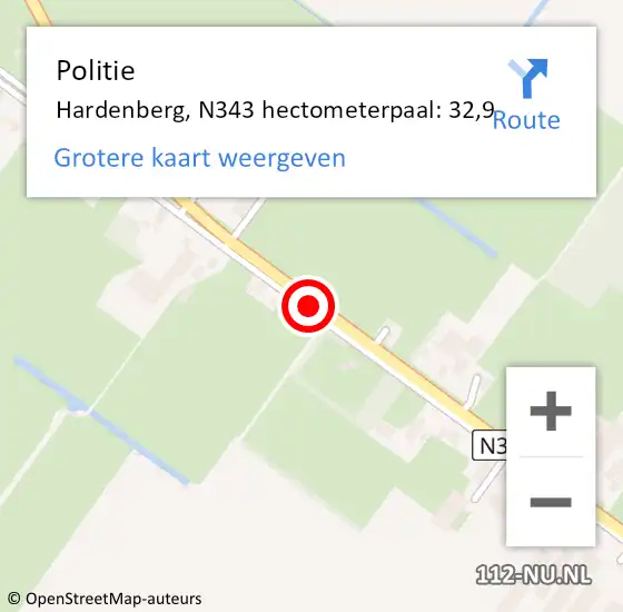 Locatie op kaart van de 112 melding: Politie Hardenberg, N343 hectometerpaal: 32,9 op 22 januari 2023 19:56