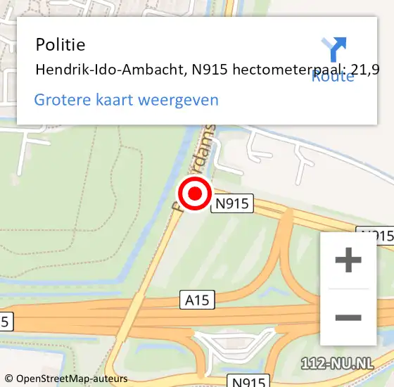 Locatie op kaart van de 112 melding: Politie Hendrik-Ido-Ambacht, N915 hectometerpaal: 21,9 op 23 januari 2023 11:03
