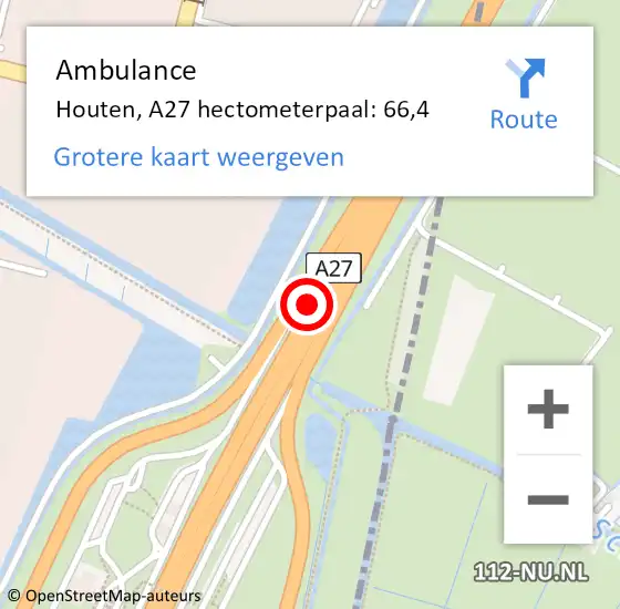 Locatie op kaart van de 112 melding: Ambulance Houten, A27 hectometerpaal: 66,4 op 25 januari 2023 08:14