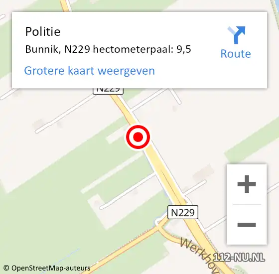 Locatie op kaart van de 112 melding: Politie Bunnik, N229 hectometerpaal: 9,5 op 27 januari 2023 13:28