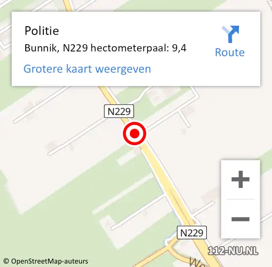 Locatie op kaart van de 112 melding: Politie Bunnik, N229 hectometerpaal: 9,4 op 27 januari 2023 13:31