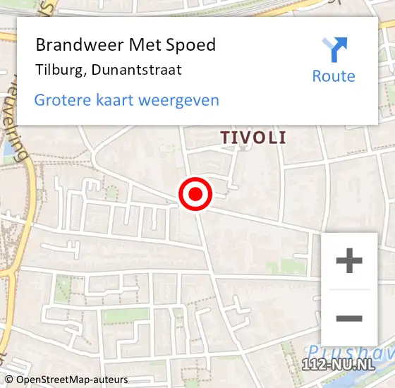 Locatie op kaart van de 112 melding: Brandweer Met Spoed Naar Tilburg, Dunantstraat op 27 januari 2023 17:37