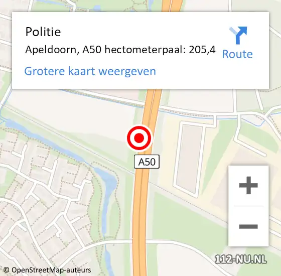 Locatie op kaart van de 112 melding: Politie Apeldoorn, A50 hectometerpaal: 205,4 op 29 januari 2023 08:50
