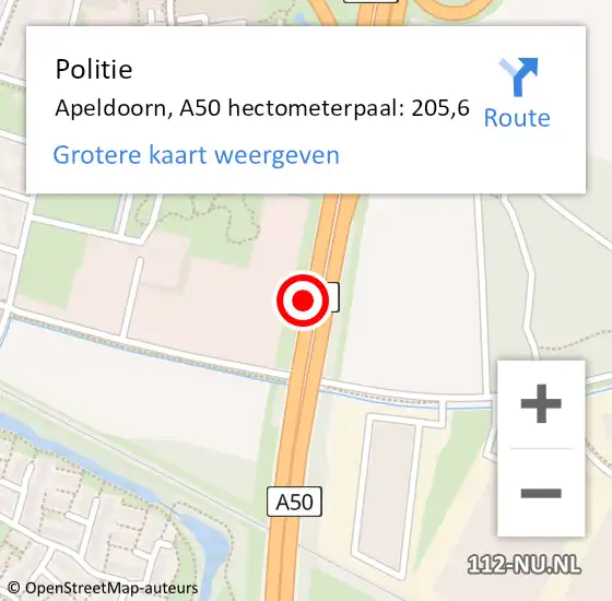 Locatie op kaart van de 112 melding: Politie Apeldoorn, A50 hectometerpaal: 205,6 op 29 januari 2023 08:51