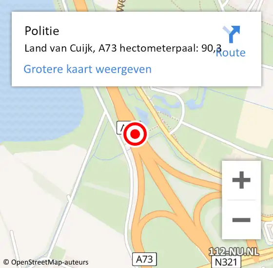 Locatie op kaart van de 112 melding: Politie Land van Cuijk, A73 hectometerpaal: 90,3 op 29 januari 2023 14:52