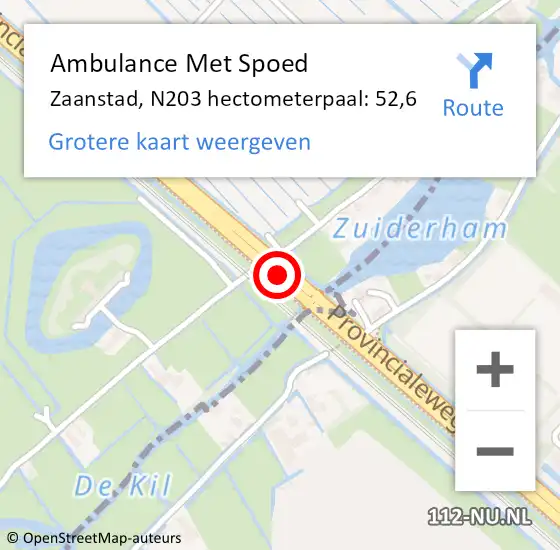 Locatie op kaart van de 112 melding: Ambulance Met Spoed Naar Zaanstad, N203 hectometerpaal: 52,6 op 30 januari 2023 15:50