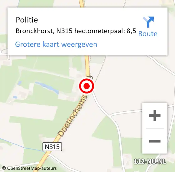 Locatie op kaart van de 112 melding: Politie Bronckhorst, N315 hectometerpaal: 8,5 op 30 januari 2023 16:09
