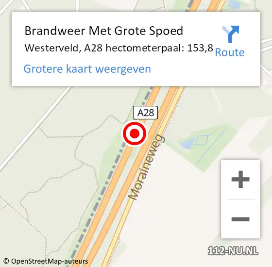 Locatie op kaart van de 112 melding: Brandweer Met Grote Spoed Naar Westerveld, A28 hectometerpaal: 153,8 op 30 januari 2023 20:04