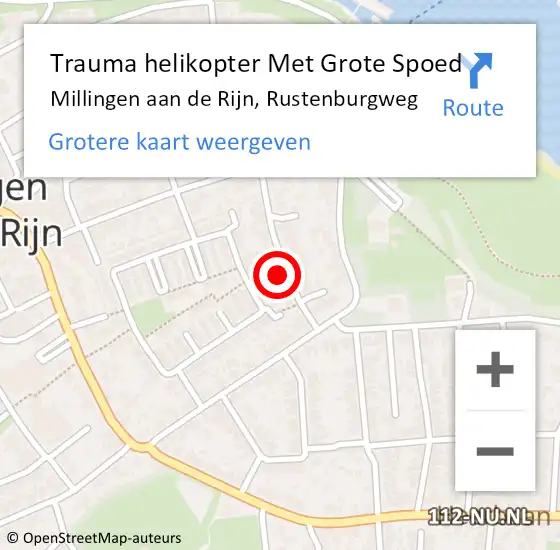 Locatie op kaart van de 112 melding: Trauma helikopter Met Grote Spoed Naar Millingen aan de Rijn, Rustenburgweg op 30 januari 2023 20:37