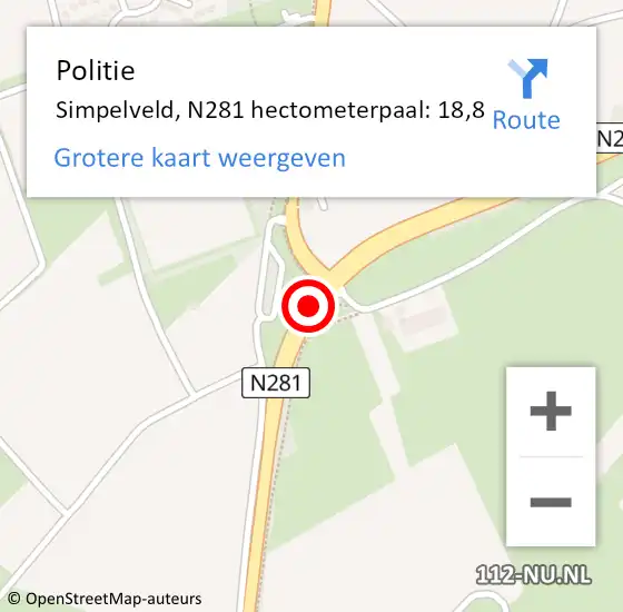 Locatie op kaart van de 112 melding: Politie Simpelveld, N281 hectometerpaal: 18,8 op 2 februari 2023 07:56