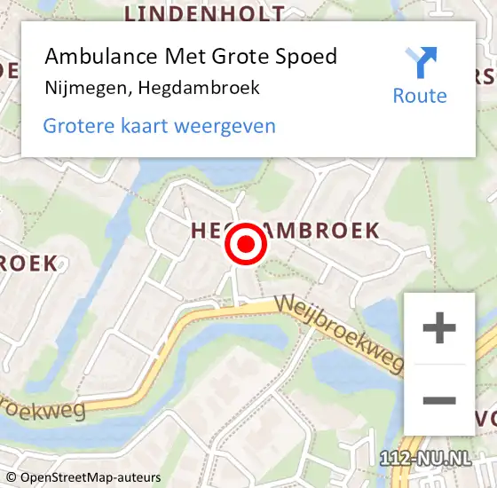 Locatie op kaart van de 112 melding: Ambulance Met Grote Spoed Naar Nijmegen, Hegdambroek op 3 februari 2023 12:44
