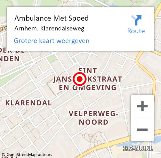 Locatie op kaart van de 112 melding: Ambulance Met Spoed Naar Arnhem, Klarendalseweg op 4 februari 2023 19:16