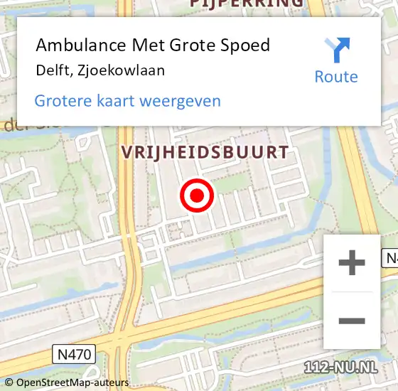 Locatie op kaart van de 112 melding: Ambulance Met Grote Spoed Naar Delft, Zjoekowlaan op 4 februari 2023 23:32