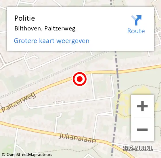 Locatie op kaart van de 112 melding: Politie Bilthoven, Paltzerweg op 5 februari 2023 05:12