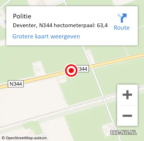 Locatie op kaart van de 112 melding: Politie Deventer, N344 hectometerpaal: 63,4 op 7 februari 2023 13:01