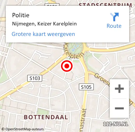 Locatie op kaart van de 112 melding: Politie Nijmegen, Keizer Karelplein op 7 februari 2023 22:30