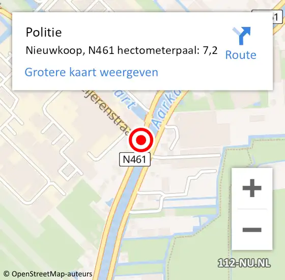 Locatie op kaart van de 112 melding: Politie Nieuwkoop, N461 hectometerpaal: 7,2 op 8 februari 2023 15:10