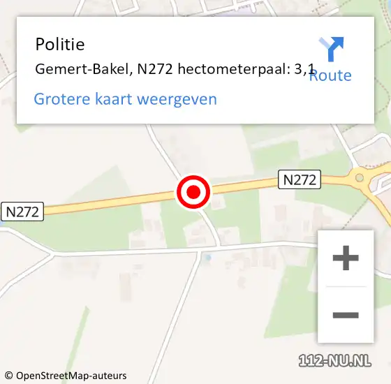 Locatie op kaart van de 112 melding: Politie Gemert-Bakel, N272 hectometerpaal: 3,1 op 8 februari 2023 16:59
