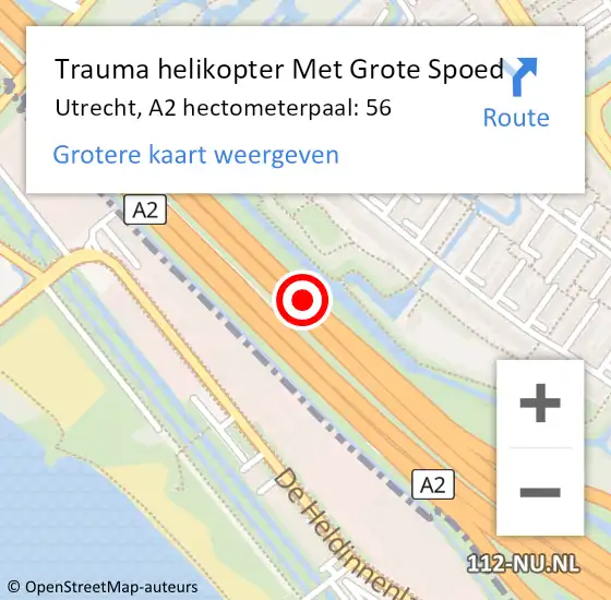 Locatie op kaart van de 112 melding: Trauma helikopter Met Grote Spoed Naar Utrecht, A2 hectometerpaal: 56 op 9 februari 2023 15:45
