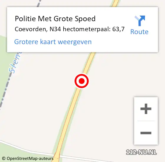 Locatie op kaart van de 112 melding: Politie Met Grote Spoed Naar Coevorden, N34 hectometerpaal: 63,7 op 10 februari 2023 14:56