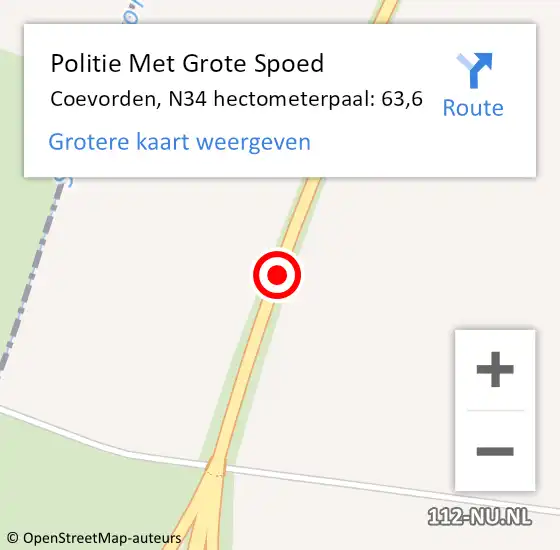 Locatie op kaart van de 112 melding: Politie Met Grote Spoed Naar Coevorden, N34 hectometerpaal: 63,6 op 10 februari 2023 14:59