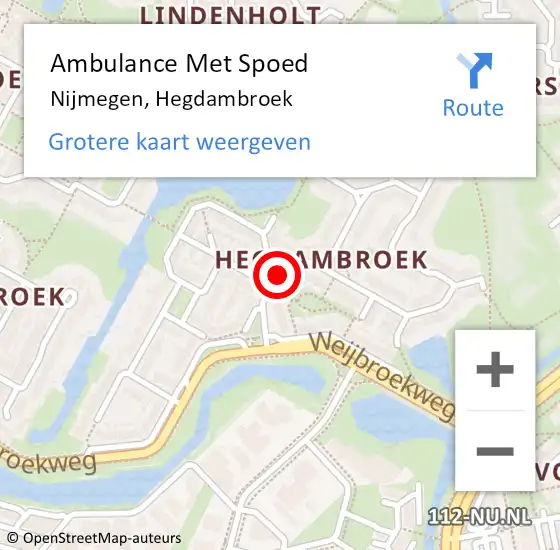 Locatie op kaart van de 112 melding: Ambulance Met Spoed Naar Nijmegen, Hegdambroek op 10 februari 2023 21:54