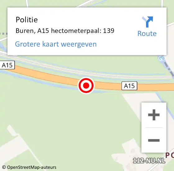 Locatie op kaart van de 112 melding: Politie Neder-Betuwe, A15 hectometerpaal: 139 op 10 februari 2023 23:46
