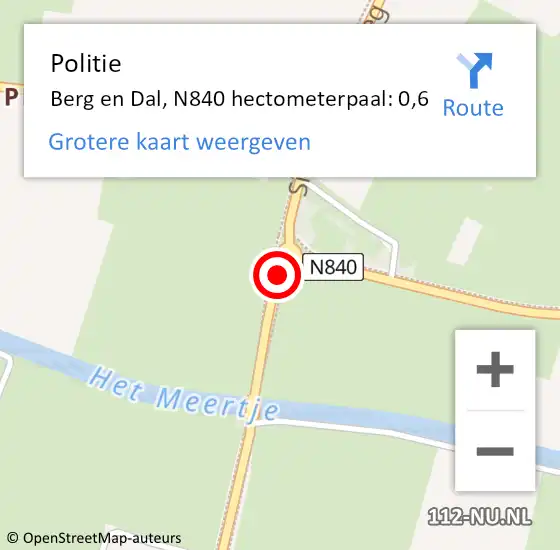 Locatie op kaart van de 112 melding: Politie Berg en Dal, N840 hectometerpaal: 0,6 op 11 februari 2023 19:10