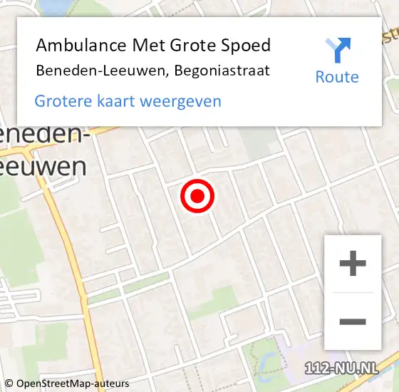 Locatie op kaart van de 112 melding: Ambulance Met Grote Spoed Naar Beneden-Leeuwen, Begoniastraat op 12 februari 2023 11:58