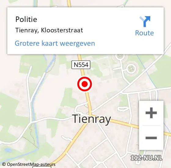 Locatie op kaart van de 112 melding: Politie Tienray, Kloosterstraat op 12 februari 2023 18:11