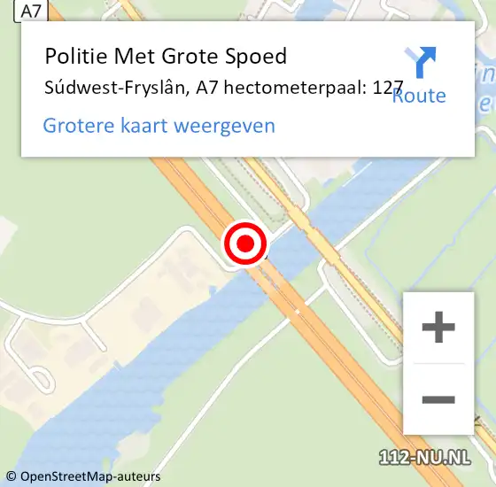 Locatie op kaart van de 112 melding: Politie Met Grote Spoed Naar Súdwest-Fryslân, A7 hectometerpaal: 127 op 13 februari 2023 08:23