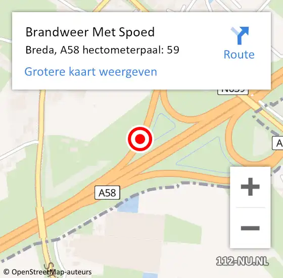 Locatie op kaart van de 112 melding: Brandweer Met Spoed Naar Breda, A58 hectometerpaal: 59 op 14 februari 2023 07:47