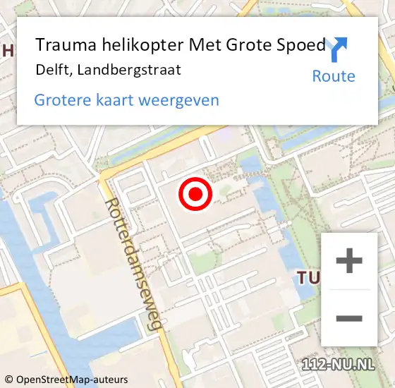 Locatie op kaart van de 112 melding: Trauma helikopter Met Grote Spoed Naar Delft, Landbergstraat op 14 februari 2023 08:29