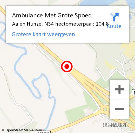Locatie op kaart van de 112 melding: Ambulance Met Grote Spoed Naar Aa en Hunze, N34 hectometerpaal: 104,8 op 14 februari 2023 11:24
