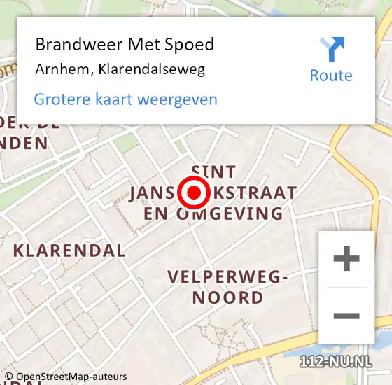 Locatie op kaart van de 112 melding: Brandweer Met Spoed Naar Arnhem, Klarendalseweg op 14 februari 2023 17:43
