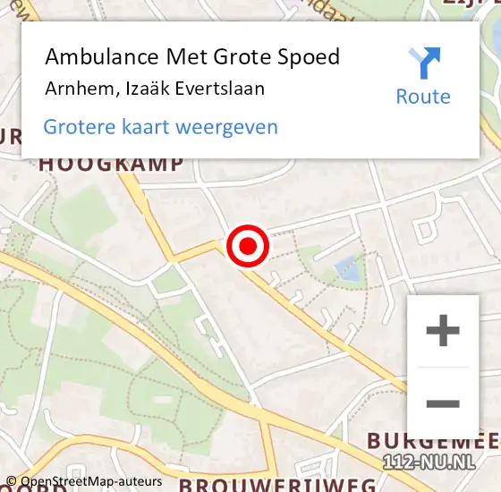 Locatie op kaart van de 112 melding: Ambulance Met Grote Spoed Naar Arnhem, Izaäk Evertslaan op 15 februari 2023 20:46