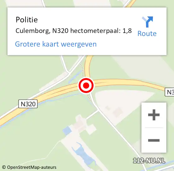 Locatie op kaart van de 112 melding: Politie Culemborg, N320 hectometerpaal: 1,8 op 16 februari 2023 09:18