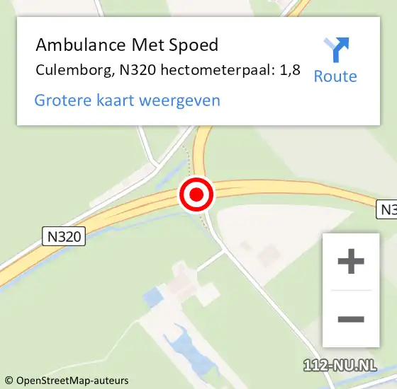 Locatie op kaart van de 112 melding: Ambulance Met Spoed Naar Culemborg, N320 hectometerpaal: 1,8 op 16 februari 2023 09:22