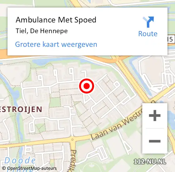 Locatie op kaart van de 112 melding: Ambulance Met Spoed Naar Tiel, De Hennepe op 16 februari 2023 10:27