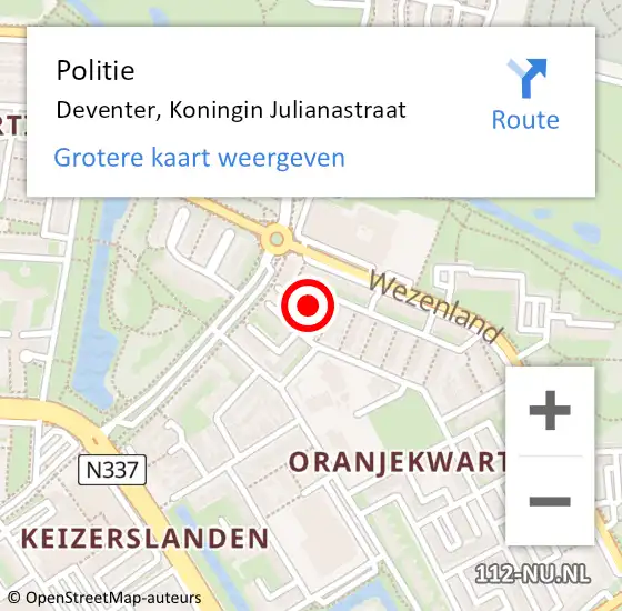 Locatie op kaart van de 112 melding: Politie Deventer, Koningin Julianastraat op 17 februari 2023 09:16