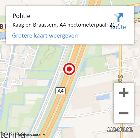 Locatie op kaart van de 112 melding: Politie Kaag en Braassem, A4 hectometerpaal: 21,7 op 19 februari 2023 08:57