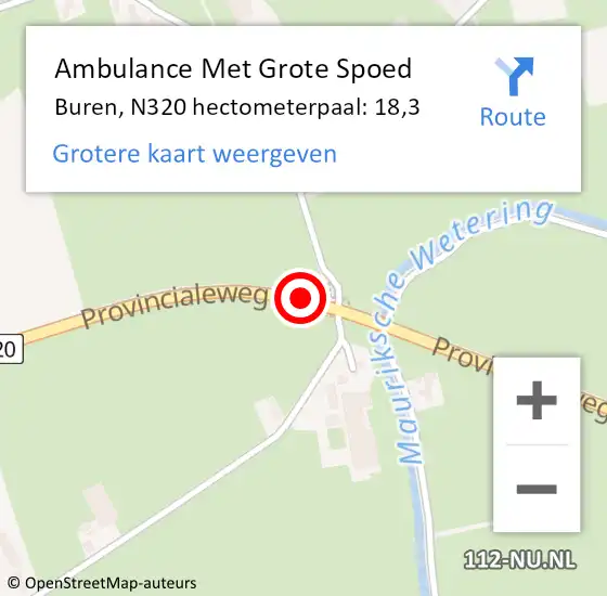 Locatie op kaart van de 112 melding: Ambulance Met Grote Spoed Naar Buren, N320 hectometerpaal: 18,3 op 19 februari 2023 15:02
