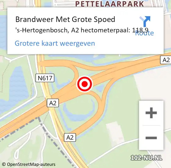 Locatie op kaart van de 112 melding: Brandweer Met Grote Spoed Naar 's-Hertogenbosch, A2 hectometerpaal: 118,9 op 19 februari 2023 22:51