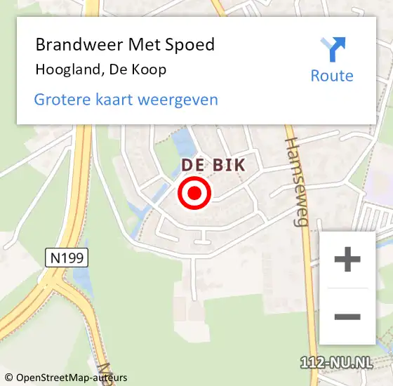 Locatie op kaart van de 112 melding: Brandweer Met Spoed Naar Hoogland, De Koop op 20 februari 2023 09:20