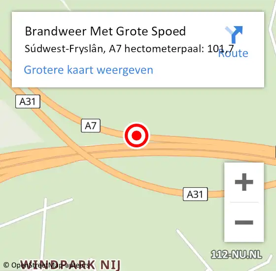 Locatie op kaart van de 112 melding: Brandweer Met Grote Spoed Naar Súdwest-Fryslân, A7 hectometerpaal: 101,7 op 20 februari 2023 09:44