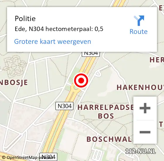 Locatie op kaart van de 112 melding: Politie Ede, N304 hectometerpaal: 0,5 op 21 februari 2023 06:42