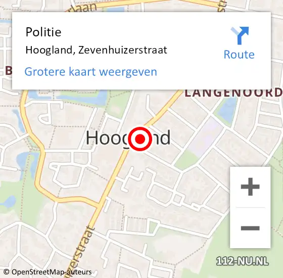 Locatie op kaart van de 112 melding: Politie Hoogland, Zevenhuizerstraat op 21 februari 2023 14:28