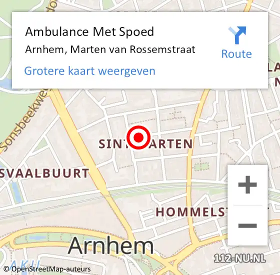 Locatie op kaart van de 112 melding: Ambulance Met Spoed Naar Arnhem, Marten van Rossemstraat op 22 februari 2023 15:12